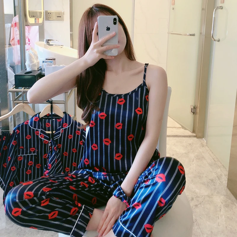 

New Satin Pajamas Set for Women Sleepwear 7 Pieces Female Lace Silk Striped Pijamas Suit Spring Autumn Lingerie Homewear Pyjamas