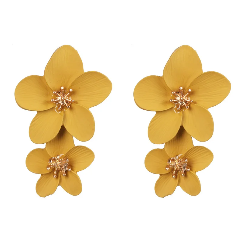 New Design Fashion Jewelry Elegant Big Double Flower Yellow Red Earrings Bohemian Style Beach Party Earring for Woman