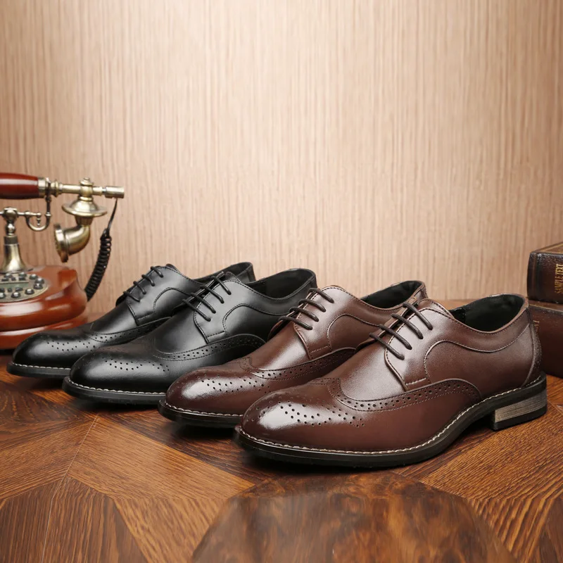 Мужские классические туфли броги роскошные деловые кожаные в клетку с острым