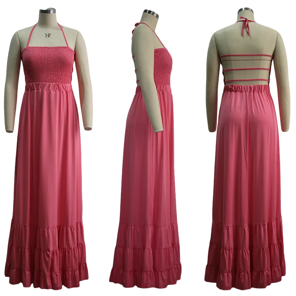

Fashion Solid Women Halter Lace-Up Floor-Length Dress Holiday Beach Lady's Sexy Sleeveless Backless Ruffles Elastic Dresses