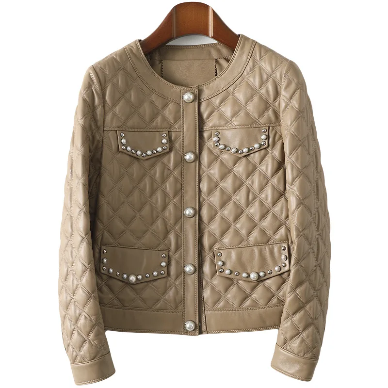 

New Style Real Soft Leather Clothes WomenFashion Short Style Small Fragrance Cotton Sheepskin Coat Rhombic Grid Printed Jacket