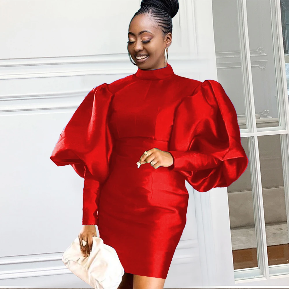 

Autumn Slim Women Dress Elegant Fashion Office Lady O-Neck Knitted Dress Winter Long Lantern Sleeve Bodycon Party Dress Vestidos