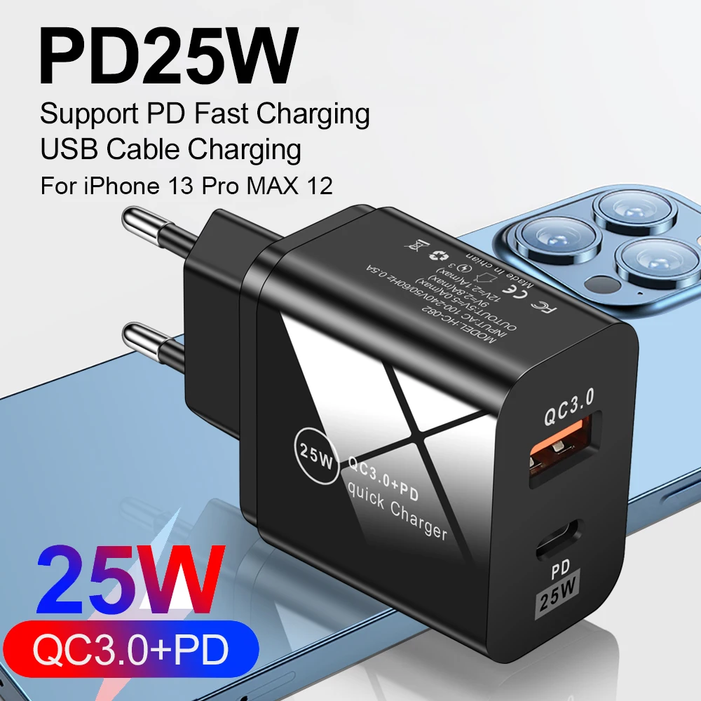 

Зарядное устройство PD USB C, 25 Вт, 3,0 для iPhone 13 Pro Max 12, быстрая зарядка QC 3,0 PD Type C, адаптер для Huawei, Великобритания