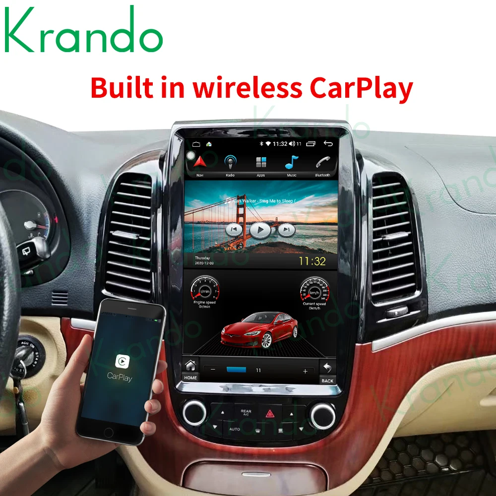 구매 Krando 안드로이드 10.0 6G 128G 12.1 테슬라 스타일 수직 자동차 라디오 현대 산타페 2006-2012 헤드 유닛 무선 Carplay