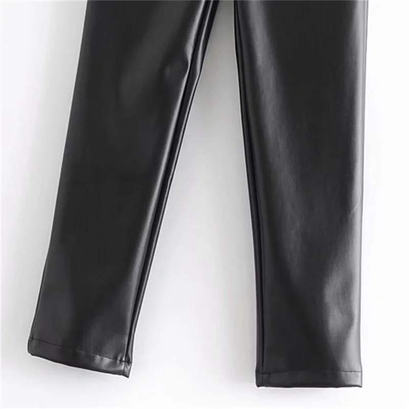 

ZXQJ Women 2021 Fashion Faux Leather Visible Seam Detail Pants Vintage High Waist Side Zipper Female Ankle Trousers Mujer
