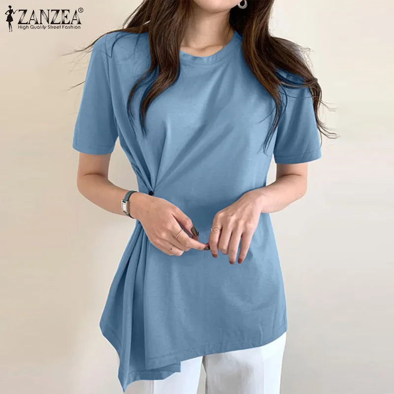 

Women Elegant Asymmetrical Blouse Summer Tops ZANZEA Casual O Neck Short Sleeve Shirt Female Tunic Solid Work OL Blusas 2021