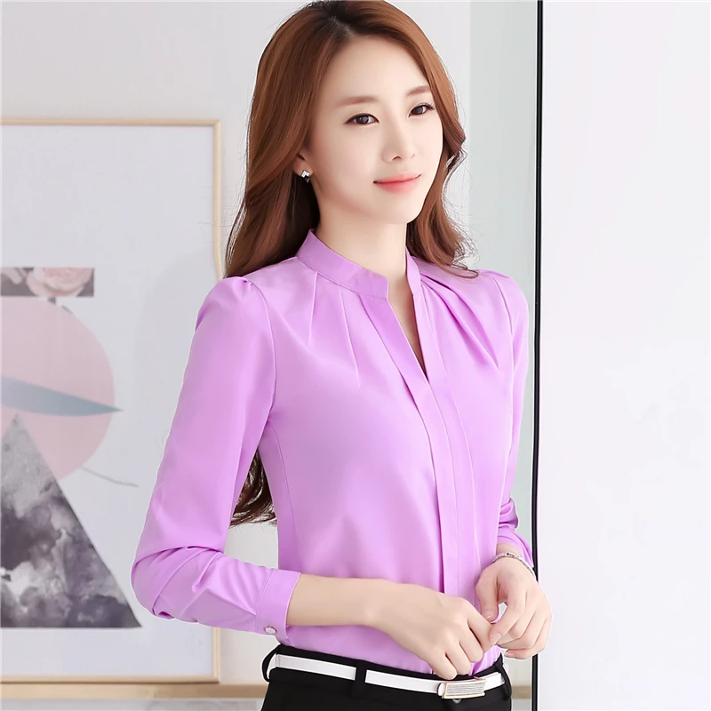 2020 Womens Long Sleeve Female Office Plus Size White Chiffon Blouse Shirt Ladies Green Pink Elegant Sexy V-Neck Blouses | Женская