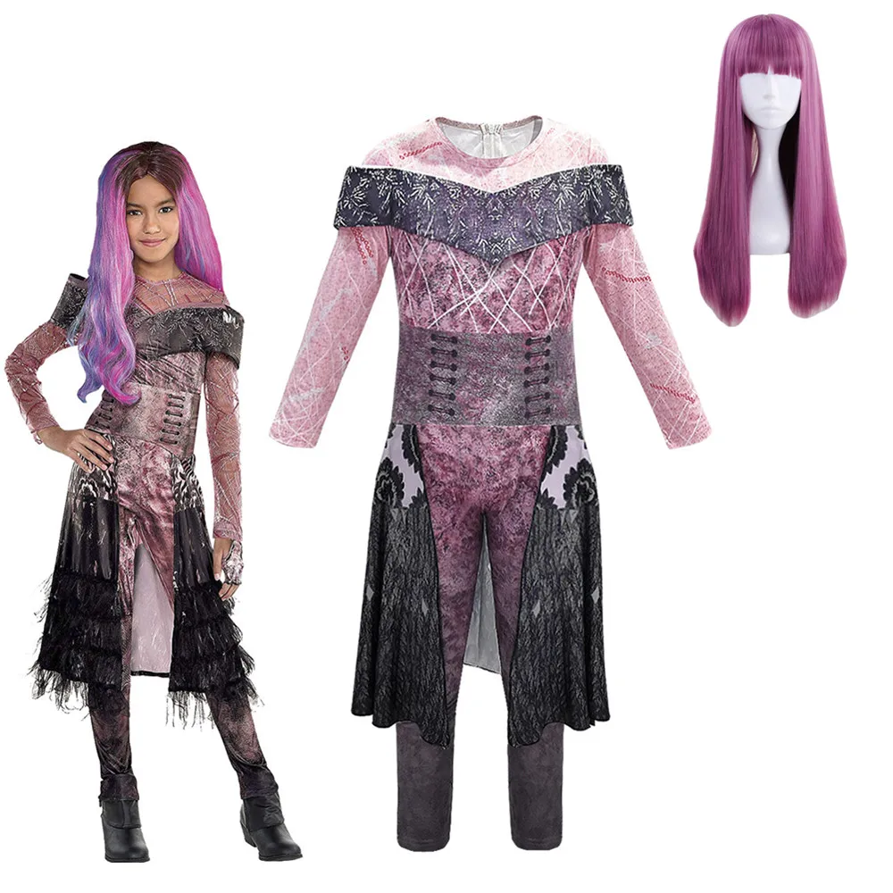girls Anilnc Descendants 3 Evie cosplay costumes with Wig + gloves children Carnival party Jumpsuits halloween costume for kids |