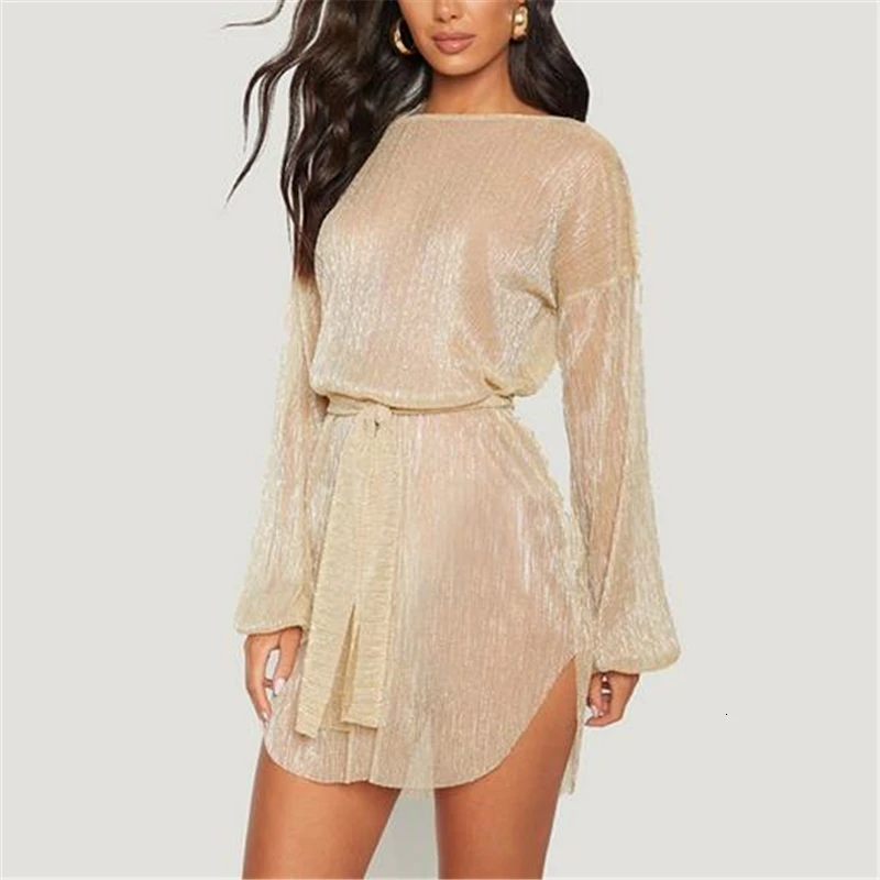 See Through Dress Mini Mesh Long Sleeve Sexy Dresses Bodycon For Women Elegant Clothes Loose Club Party |