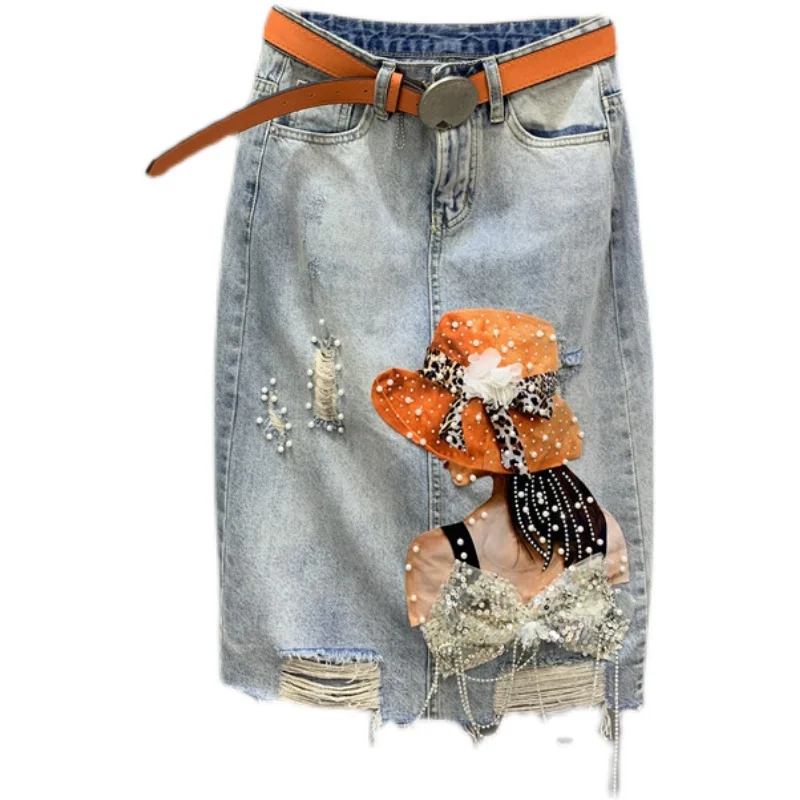 

Denim Skirt Women 2021 Summer New Heavy Industry Beads Bow Sequined Ripped Holes Girls Midi Jean Skirts Femme