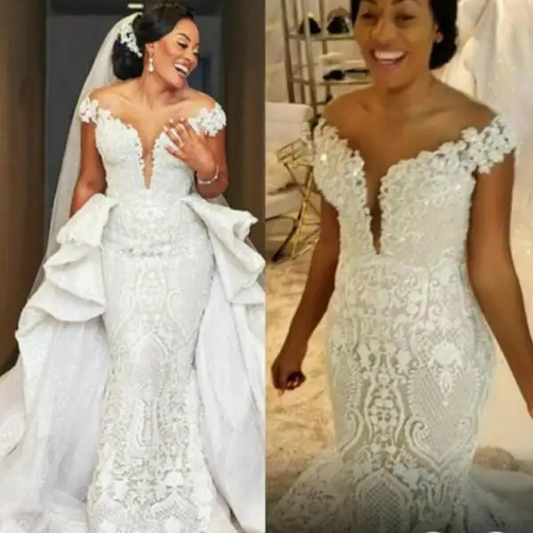 

Arabic African Mermaid Off-shoulder Wedding Dresses with Dtachable Train Plus Size with Long Court Train Lace Bridal Gowns