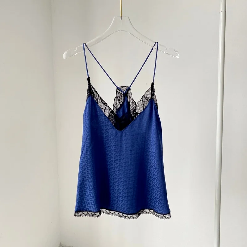 

100% Silk Jacquard Lace Trimming Black Camisole Blue Sexy Slings
