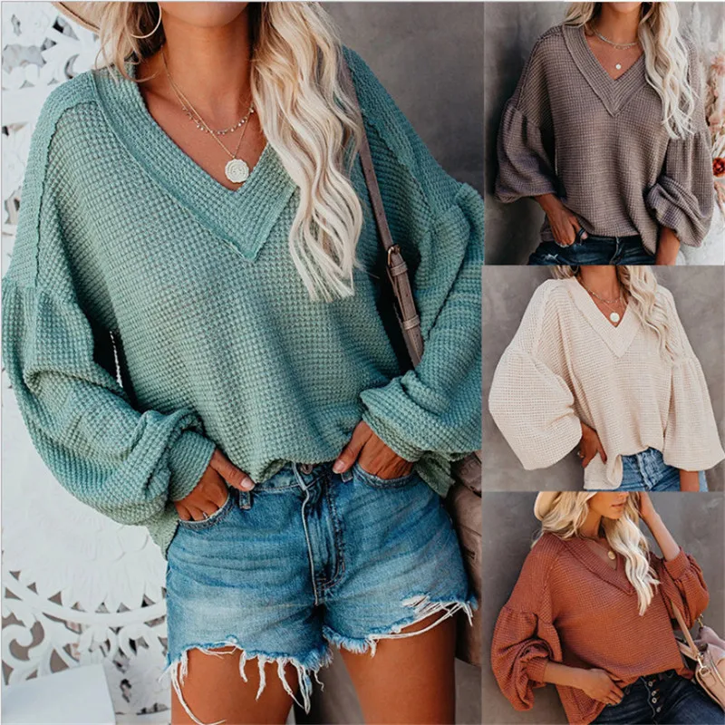 

New Women Sweaters Autumn and Winter Fashion Loose V-neck Pullover Lantern Sleeve Sweaters for Women Sp163