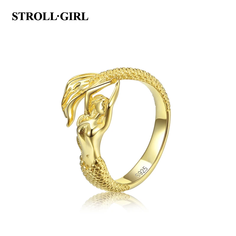 StrollGirl, Стерлинговое Серебро, 925, красивая русалка, регулируемое, открытый размер, кольцо, модное ювелирное изделие для женщин, подарок - Цвет основного камня: Золото
