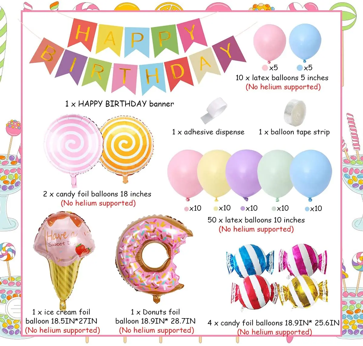 Decoraciones de fiesta de cumplea&ntilde;os de dulces para ni&ntilde;as, Kit de arco de guirnalda de globos de caramelo con pancarta de feliz cumplea&ntilde;os, donas de helado-1