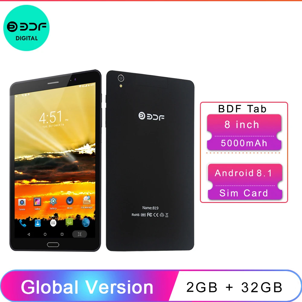 BDF 8- 4   + 32     3G 4G LTE Sim- Android 8.1     Octa Core Pad 