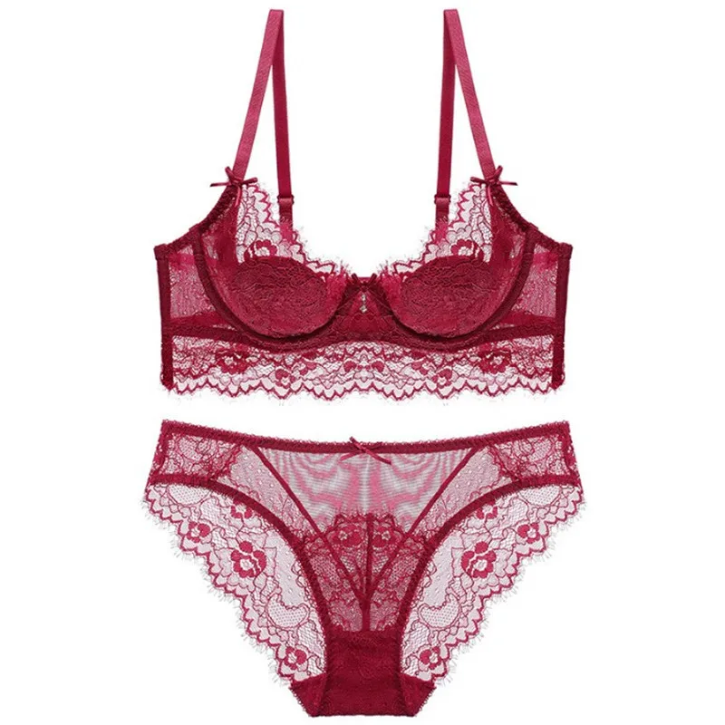 

Hjwsfdcai Ultra-Thin Lace Bra Set Eyelashes Cup Bowknot Underwear Female Lingerie Deep V Sexy Bra Panties Plus Size Women's Bra