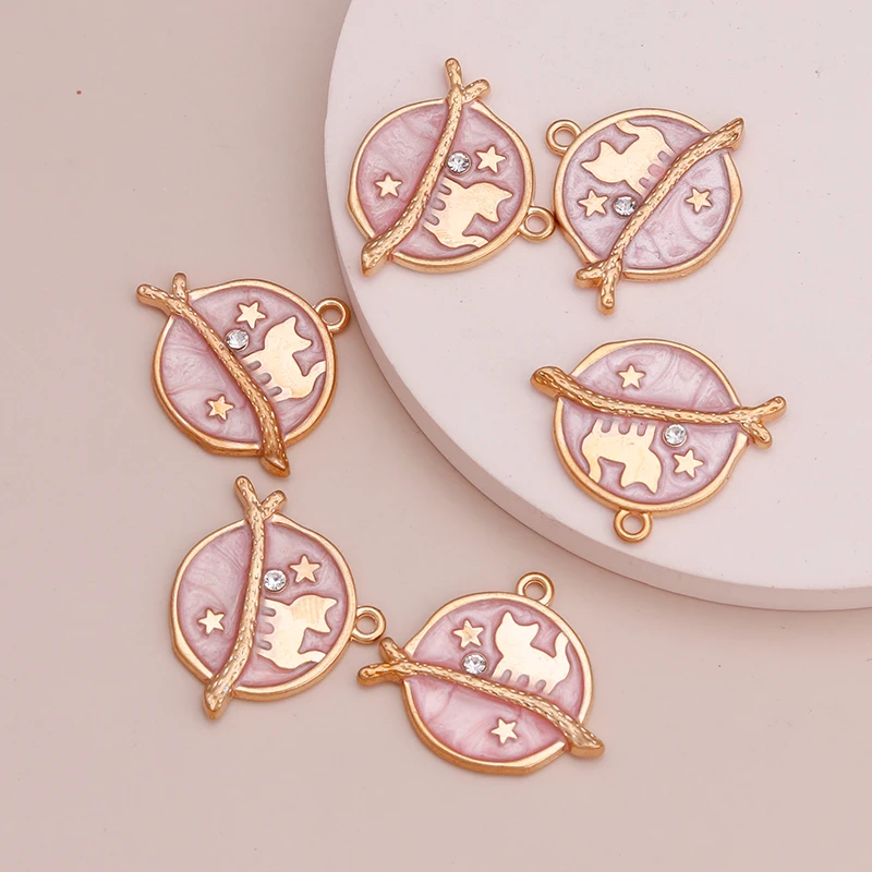 

10pcs Enamel Round Animal Cat Crystal Stars Charms Pendants for DIY Bracelets & Necklaces Pink Color Handmade Finding 22x25mm