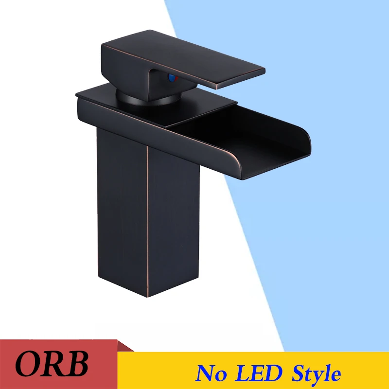 ORB Black no LED POIQIHHY Водопад кран Led хром латунь Ванная раковина кран на бортике смеситель Носик раковина кран - Цвет: ORB Black no LED