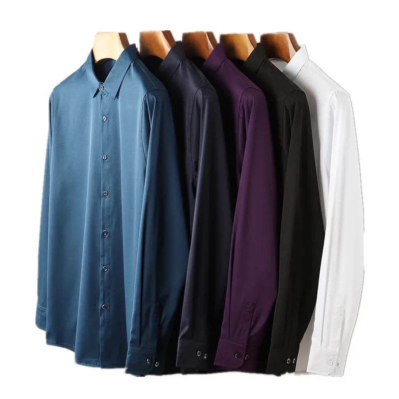 Autumn Long Sleeve Casual Business Boys Silk Shirt Slim Fit Thin Social Men Purple Shirt Male Formal Oversized Button Shirt Top
