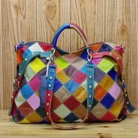 genuine leather womens high quality casual design colorful handbag shoulder bag ladies color block tote bag 600