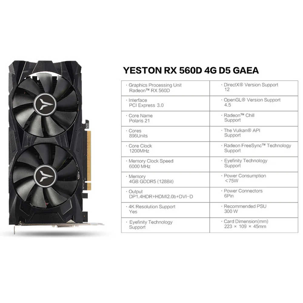 Yeston RX560D-4G D5 GAEA видеокарты двойной вентилятор охлаждения 4 Гб памяти GDDR5 128bit DP+ HDMI+ DVI-D GPU Улучшенный радиатор