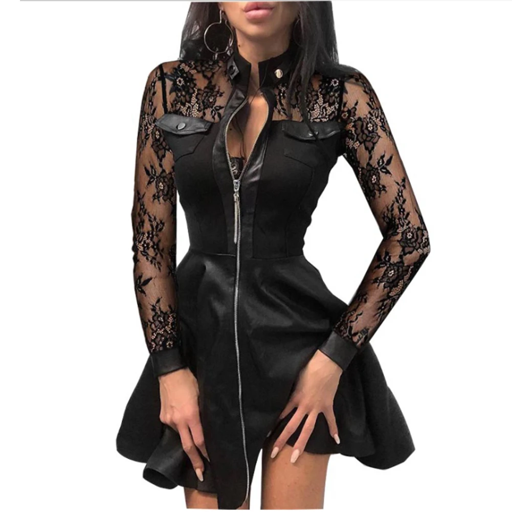 

Women Plus Size 5XL Summer Lace Sleeve PU Faux Leather Mini Dress V-Neck Zipper Party Dress Sexy Bodydon Dress