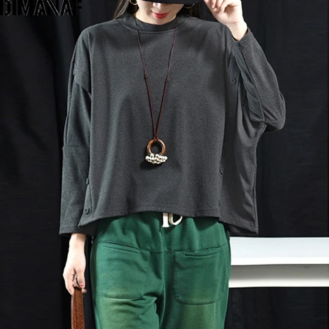 Peng97056CN-hui DIMANAF плюс Размеры Для женщин кофты хлопковые толстые женские футболки осень-зима с рукавами «летучая мышь» большой размер, свободного кроя Плотная одежда - Color: Peng97056CN-hui