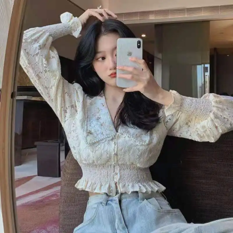 Женский кружевной ажурный топ белая Винтажная футболка с длинными рукавами