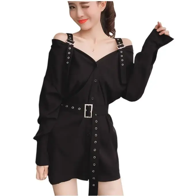 Черное сексуальное мини-платье в стиле панк на бретелях осеннее платье-рубашка с