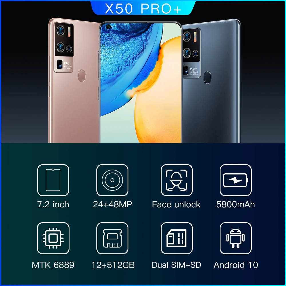 

Global Version X50 Pro+ 12+512GB 5G Snapdragon 865 7.2 Inch Big Screen Andriod 11.0 5800mAh 24+48MP Phone Face ID Smartphones