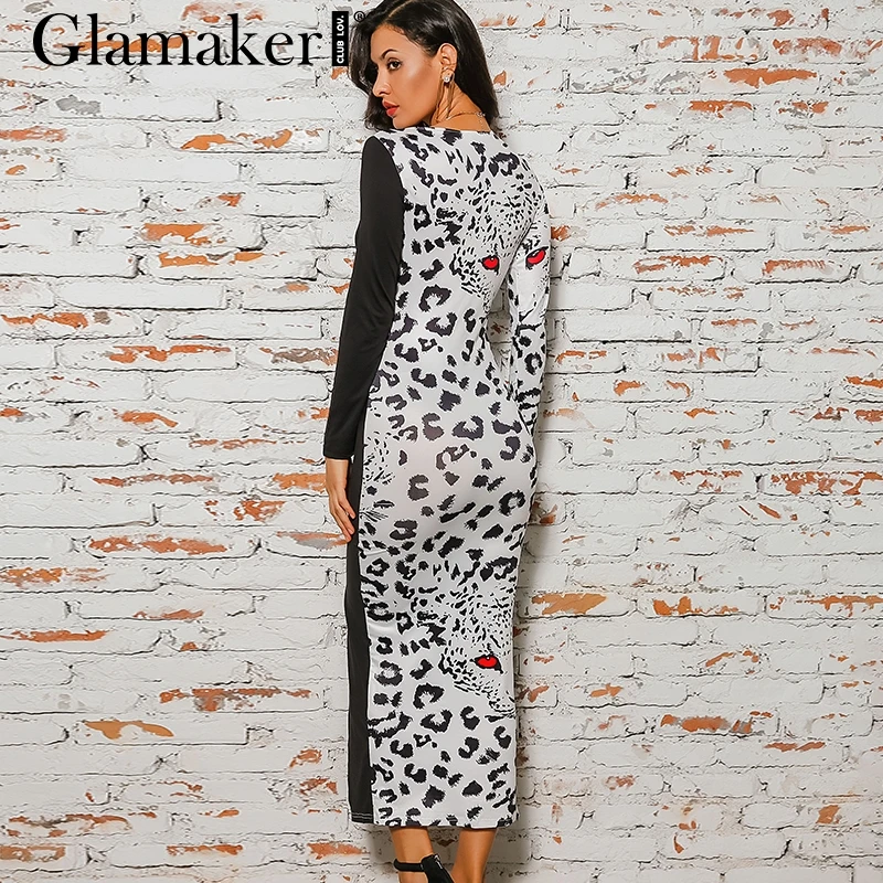 Glamaker, глубокий v-образный вырез, Леопардовый принт пэтчворк, длинное платье для женщин, бодикон, высокий разрез, платье для вечеринки, летнее, миди, элегантное платье