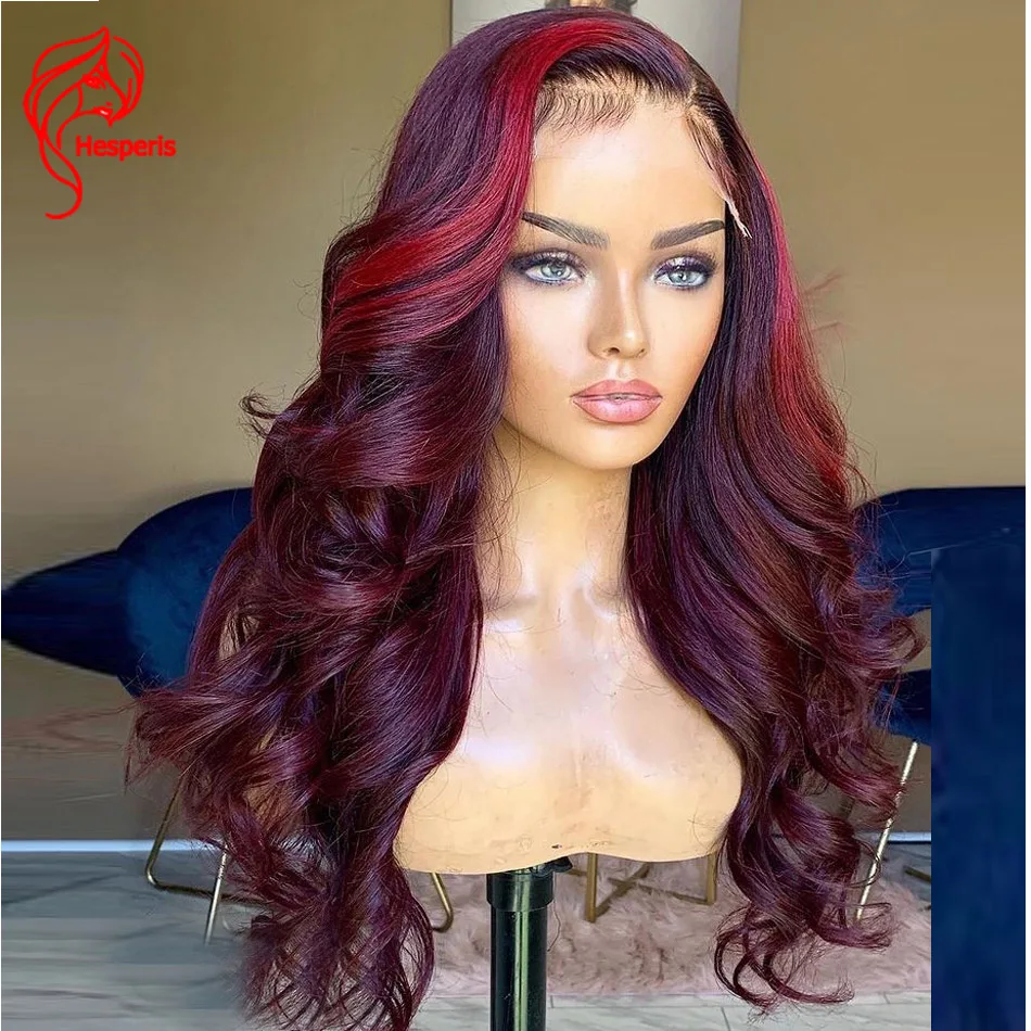 

Hesperis Red Highlight Lace Front Human Hair Wigs With Baby Hair Brazilian Remy Burgund Human Hair Wigs 99 J For Black Women