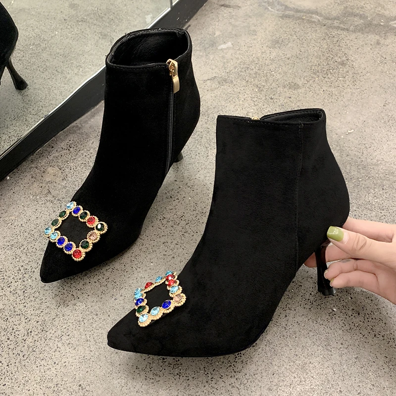 Пикантные Черные ботильоны с острым носком для ночного клуба женские ботинки на