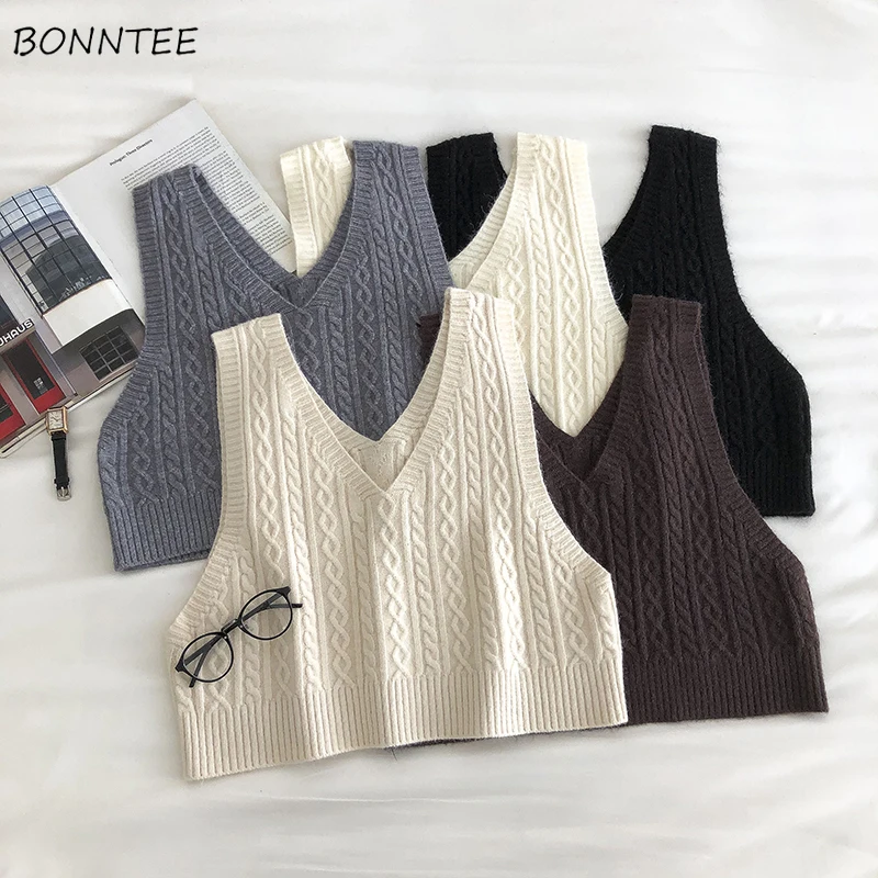 

Sweater Vest Women Ulzzang All-match Retro Chic V-neck Ladies Cropped Sweaters Daily Preppy Style Female Knitwear Autumn Basic
