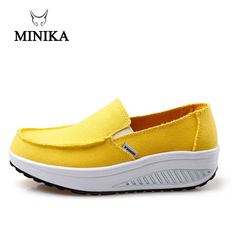 

Minika New Summer Women's Shoes Yellow Blue Sport Shoes Walking Flats Height Increasing Women Platform Canvas Swing Wedges Shoe