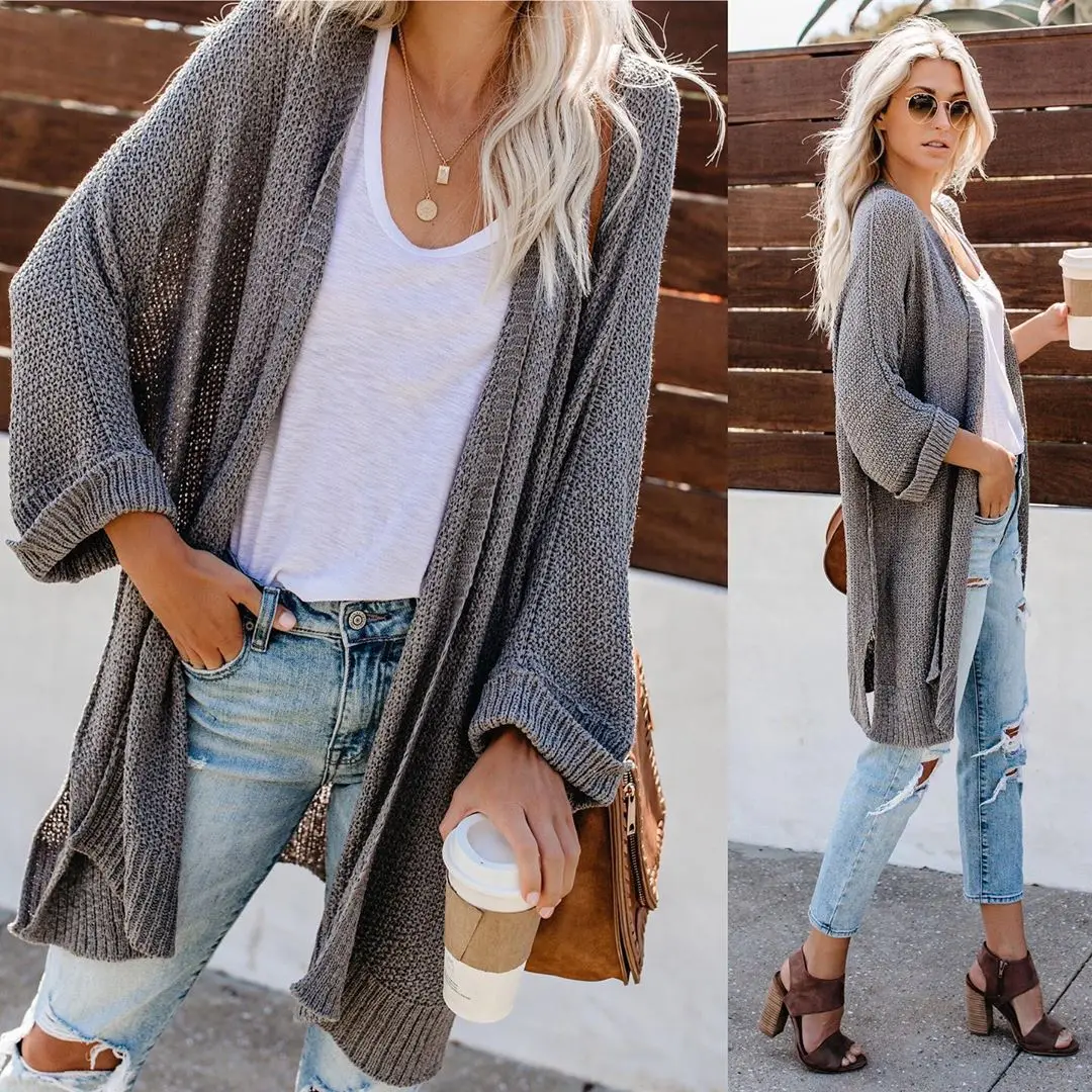 

Meihuida High Quality Women Long Sleeve Loose Soft Kintting Long Cardigan Elegant Pocket Knitted Solid Outerwear Sweater