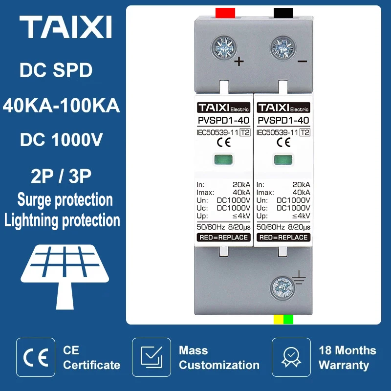 

Surge Protective Device Photovoltaic DC System SPD 2P/3P DC1000V 20KA~40KA Surge Protector Lightning Protection DC500V