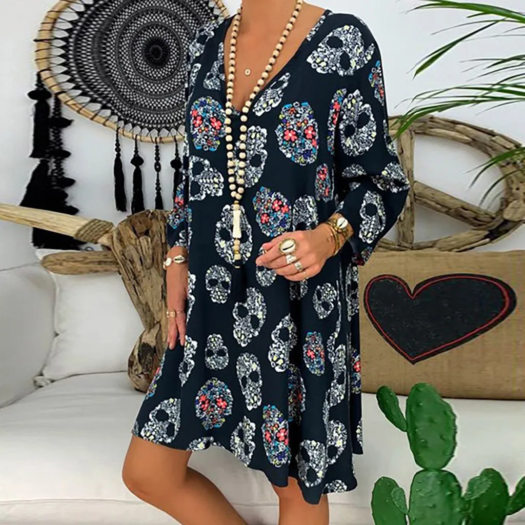 Женское платье с длинным рукавом V образным вырезом и принтом|Женские платья| |