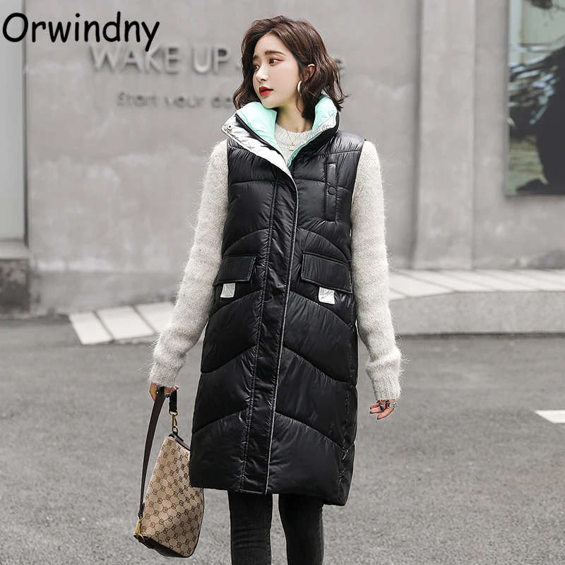 

Orwindny Fashion Long Waistcoat Women Spliced Letter Thicken Warm Vest Coat Female Mandarin Collar Parkas Sleeveless Snow Wear