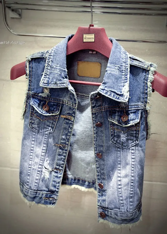 Женский джинсовый жилет без рукавов с эффектом потертости в стиле ретро кардиган