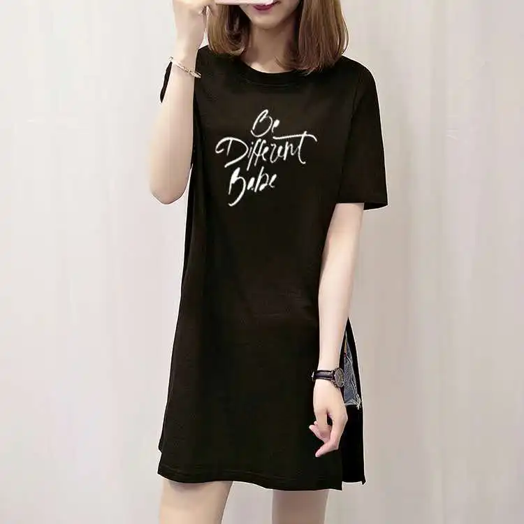 

Short sleeve T-shirt women's mid long summer Korean Fashion Top ins T-shirt loose and versatile letter printing side split