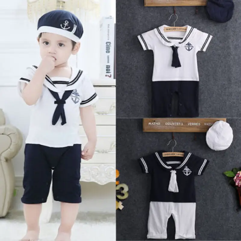 

Newborn Baby Boy Clothes Sailor Collar Romper Bodysuit Toddler Playsuit Hat Outfit Set Casual Clothes