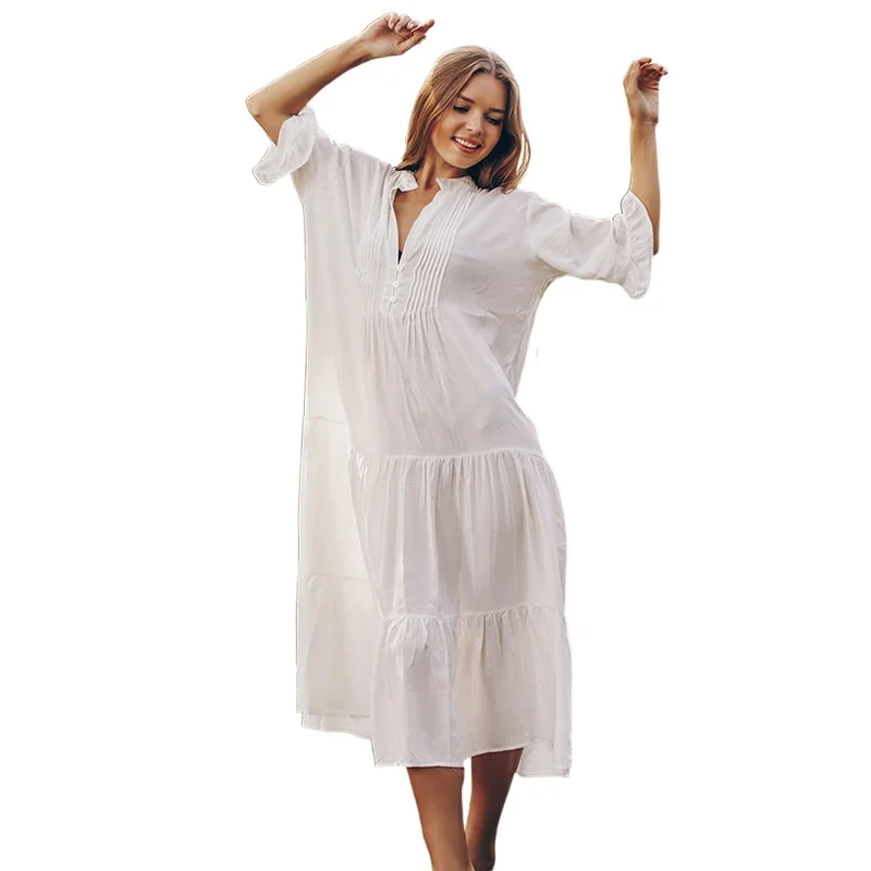 Женское хлопковое пляжное платье с V образным вырезом и рукавом в виде листьев