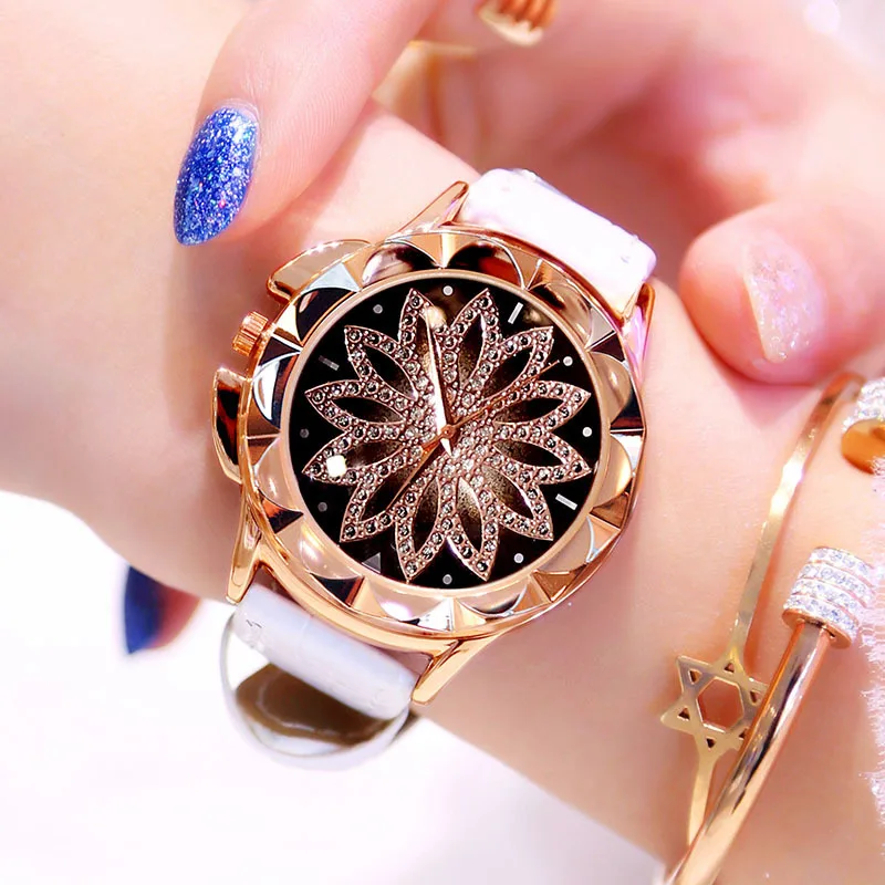 Женские часы из розового золота люксовый бренд цветы с циферблатом наручные