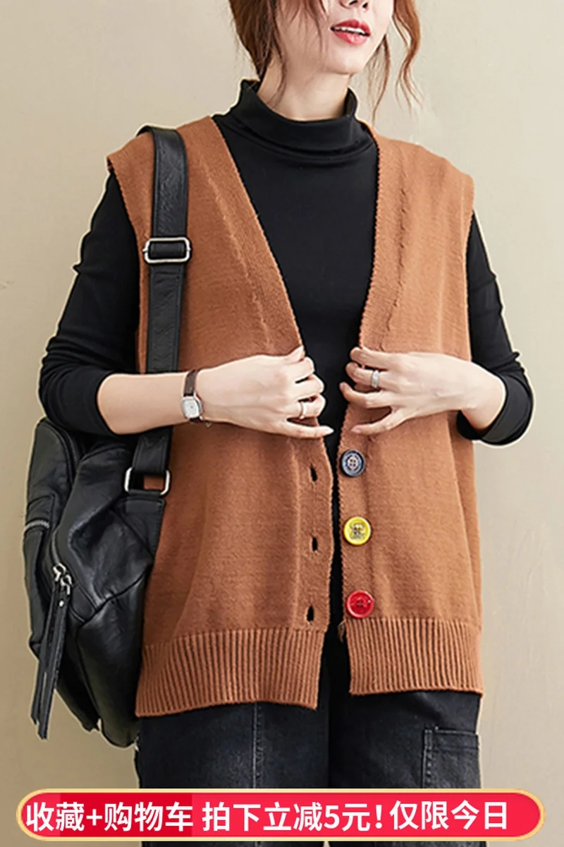 

Autumn Winter Knitted Sleeveless Vest Women'S Sweater V-Neck Wild Cardigan Solid Color Loose Soft Casual Tops Waistcoat