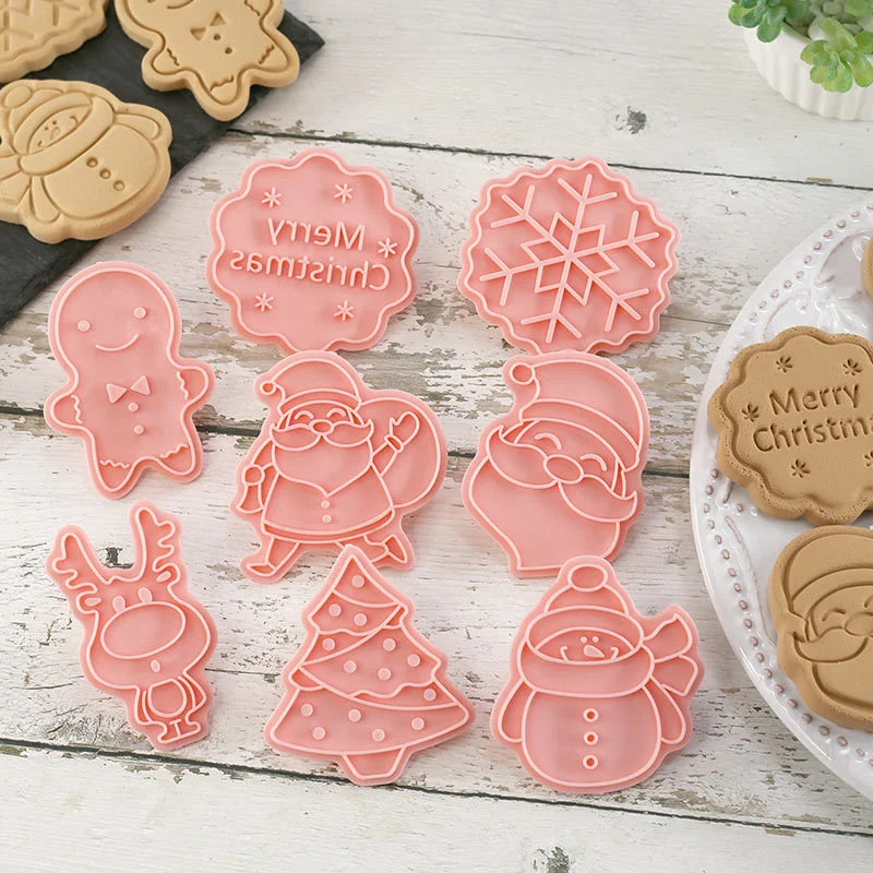 

Pink Merry Christmas Cookie Cutters Mold 8 Pcs Set Biscuit Fondant Pastry Gingerbread Home Made Mould Cookie Stamp New Year Gift