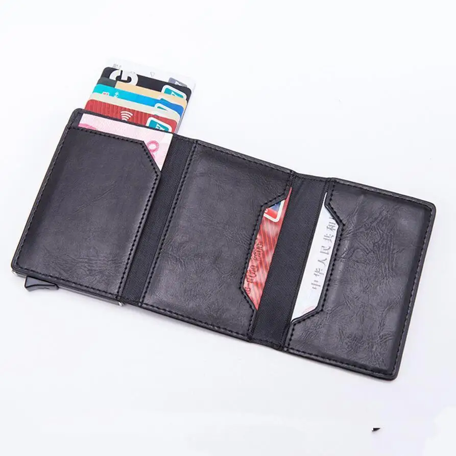 

Vintage Antitheft Men Credit Card Holder Blocking Rfid Wallet Leather Unisex Security Information Aluminum Metal Purse fashion