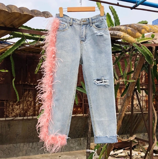 Оригинальные Роскошные Страусиные волосы женские голубые джинсы с дырками и