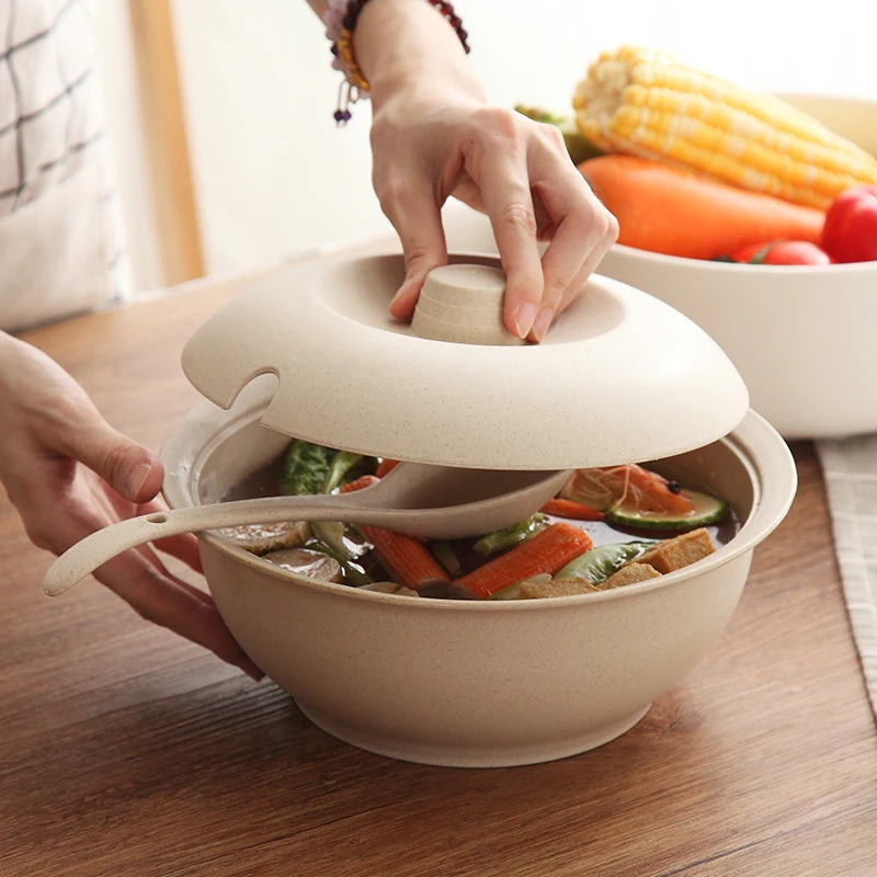 

Wheat straw tableware creative Japanese style with lid soup bowl household large high temperature binaural soup bowl with lid